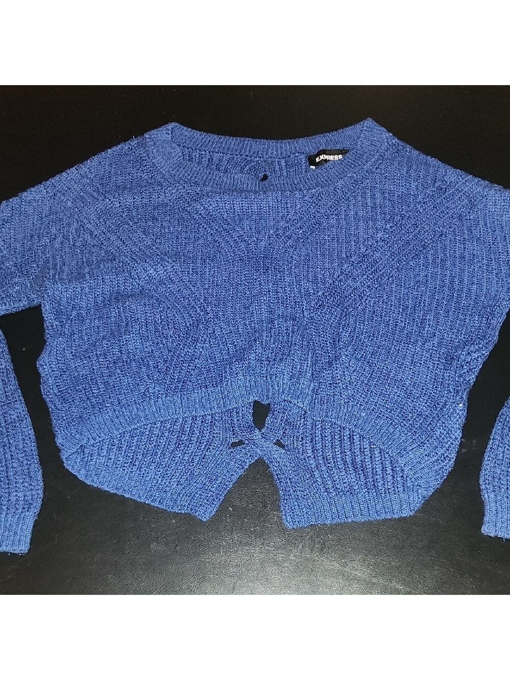 Express Vibrant Blue Lace Up Back Cropped Loose Fit Crew Neck Sweater Xs